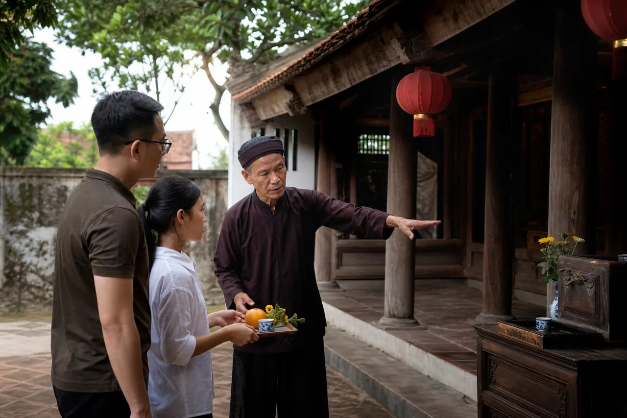 Người trông coi đình làng nhẹ nhàng hướng dẫn một cặp vợ chồng trẻ cách đặt lễ nhỏ và vị trí nên đứng trước ban chính