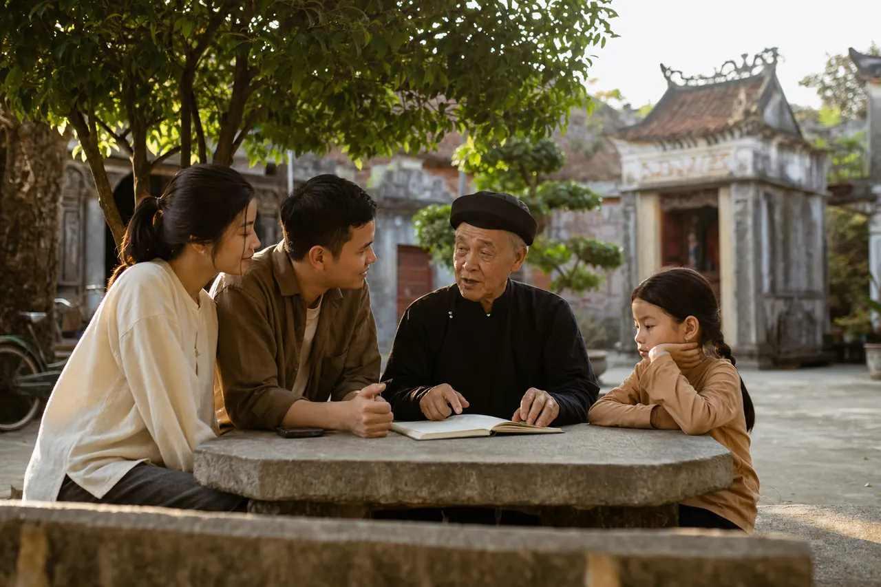 Gia đình nhiều thế hệ ngồi sau buổi ghé đình làng, cùng nhìn sổ ghi chú và trao đổi lại điều đã học về nếp làng
