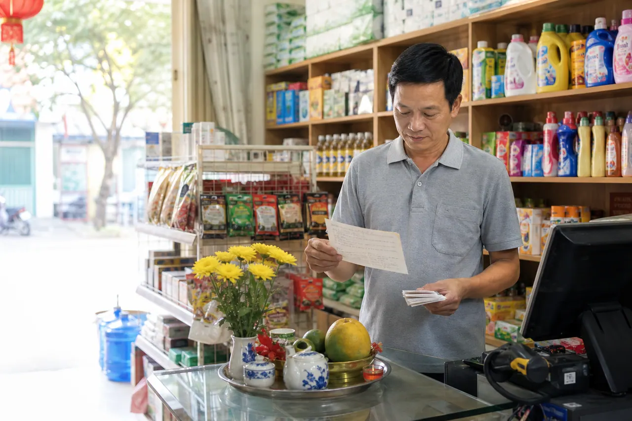 Người đàn ông áo xám cầm tờ giấy và xấp giấy nhỏ cạnh khay hoa quả, ấm chén trong quầy tạp hóa