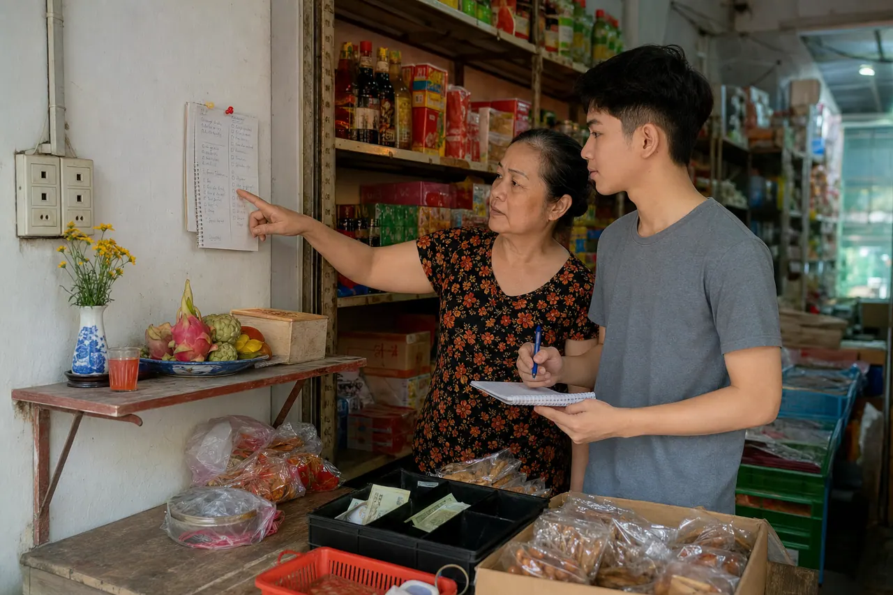 Người phụ nữ chỉ tờ giấy treo tường, thanh niên cầm bút và sổ cạnh quầy có hàng hóa và khay tiền