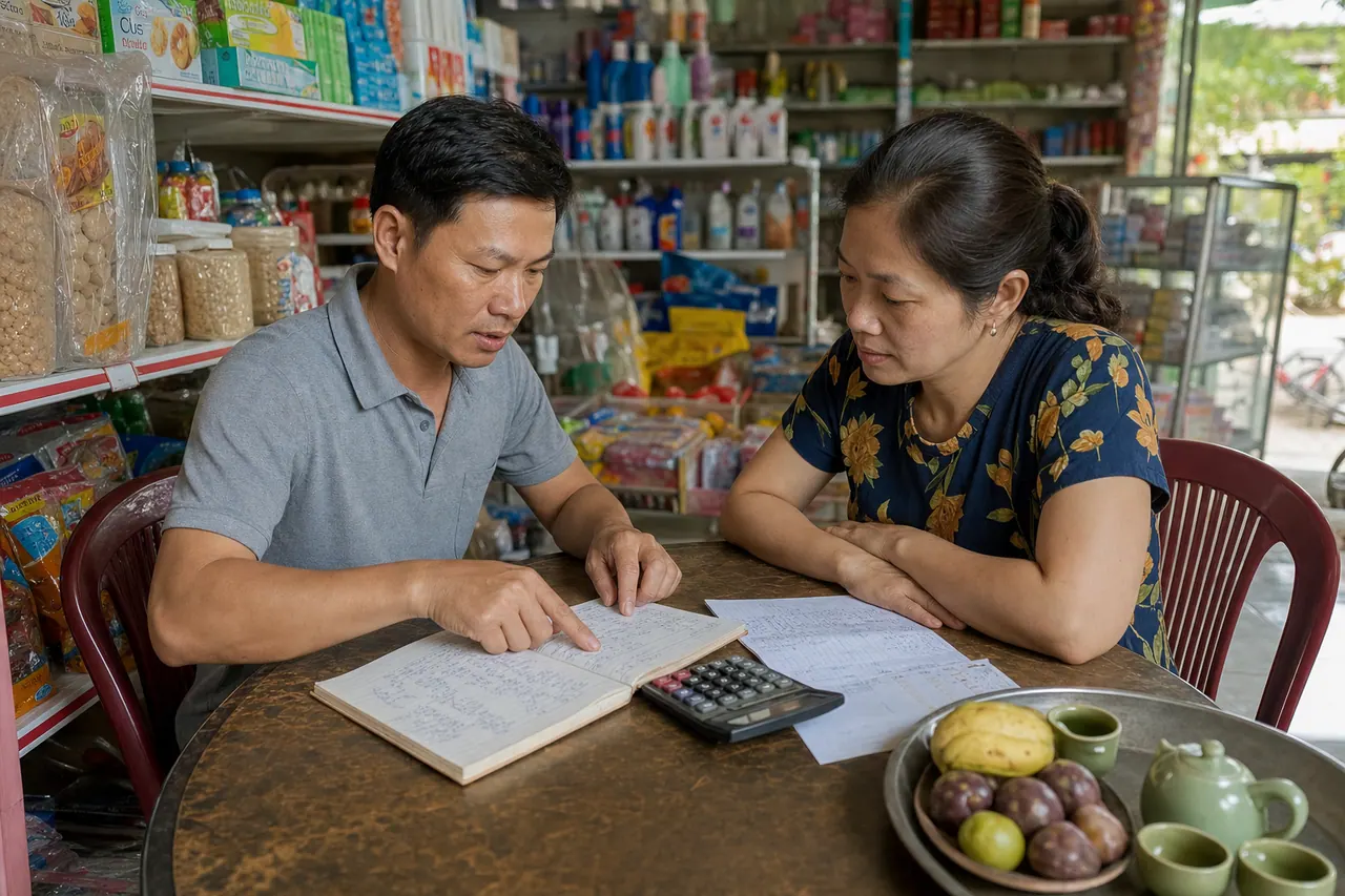 Người đàn ông chỉ sổ mở khi người phụ nữ áo hoa nhìn, cạnh máy tính cầm tay và những tờ giấy trên bàn