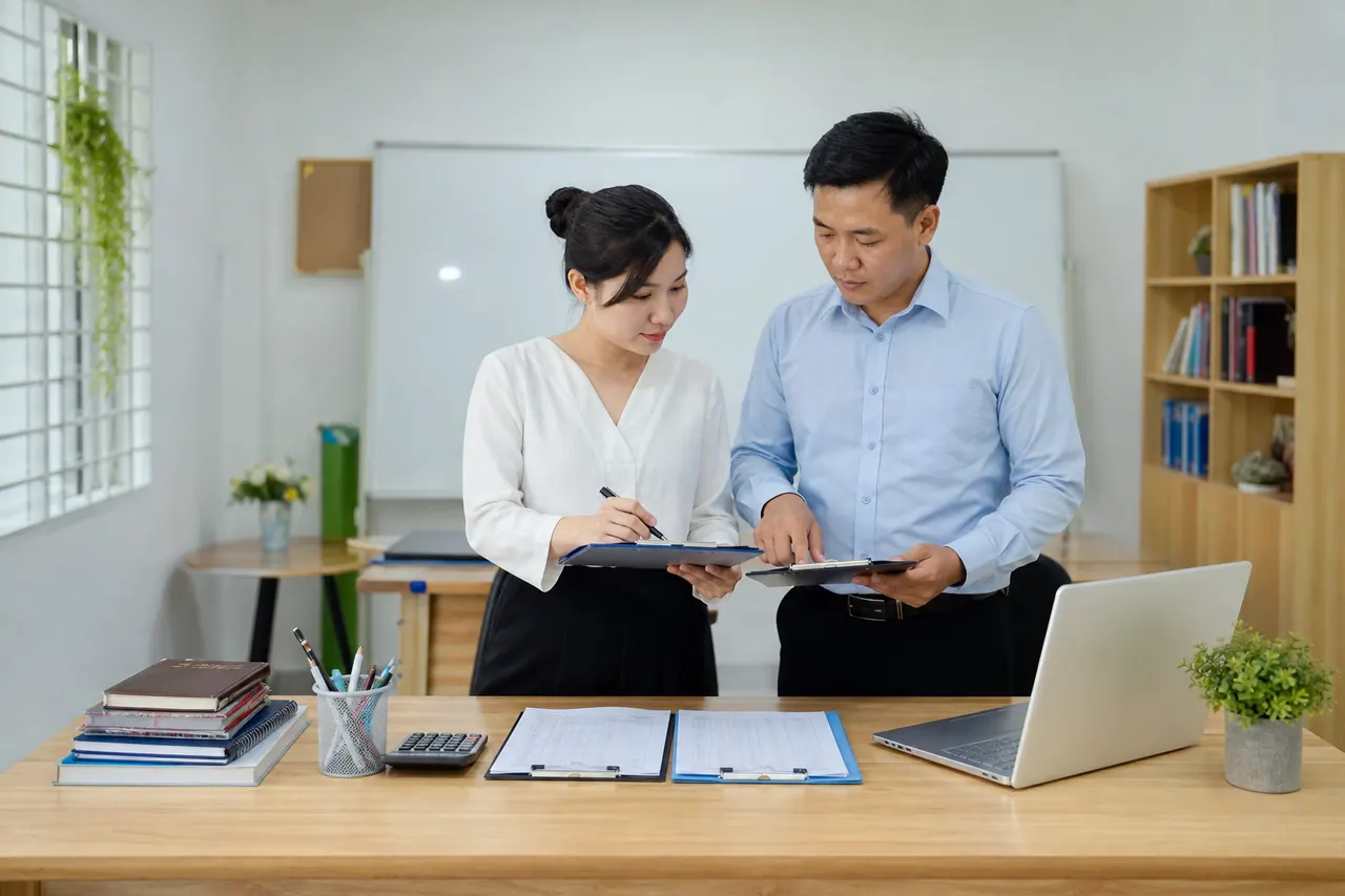 Hai chuyên viên sư phạm thảo luận kế hoạch giảng dạy, sổ lớp và danh mục tiêu chuẩn đạo nghề