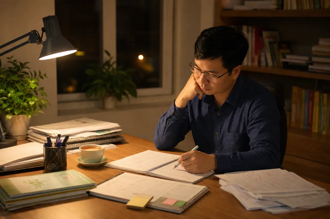 Bàn làm việc của giảng viên ban đêm với sổ tay giáo án, tài liệu chuyên môn và ngọn đèn vàng ấm áp