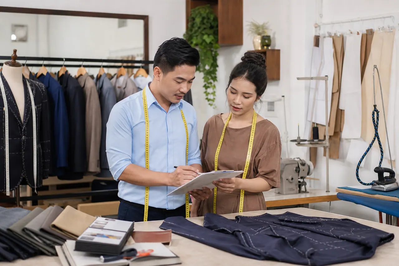 Thợ may đo đạc cẩn thận từng chi tiết trên tấm vải trước khi cắt rập chuẩn chỉnh