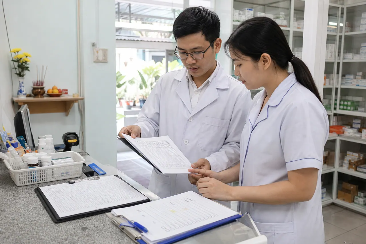 Hai người mặc áo blouse cùng nhìn bảng giấy ở quầy có giỏ chai lọ và các tập hồ sơ