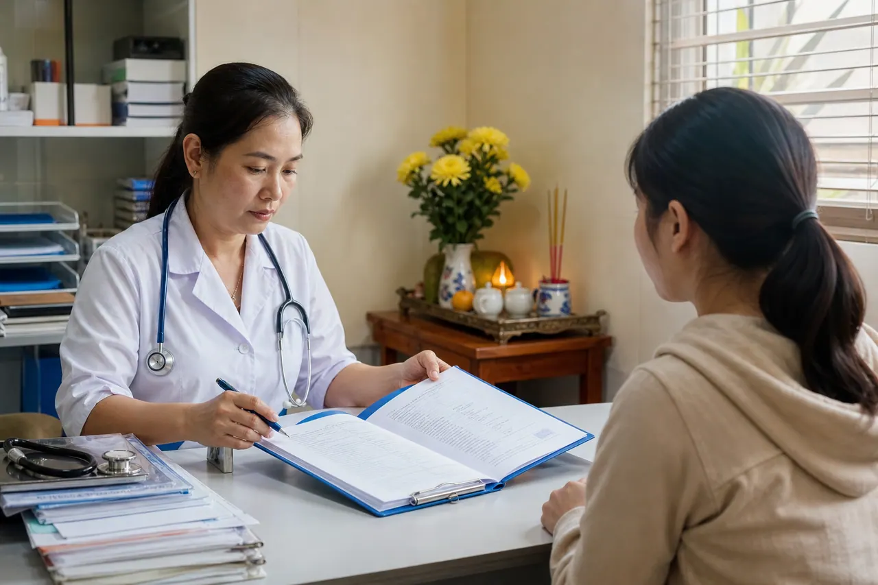 Người phụ nữ mặc áo blouse cầm bút và tập hồ sơ mở, trao đổi với người ngồi đối diện bên cửa sổ