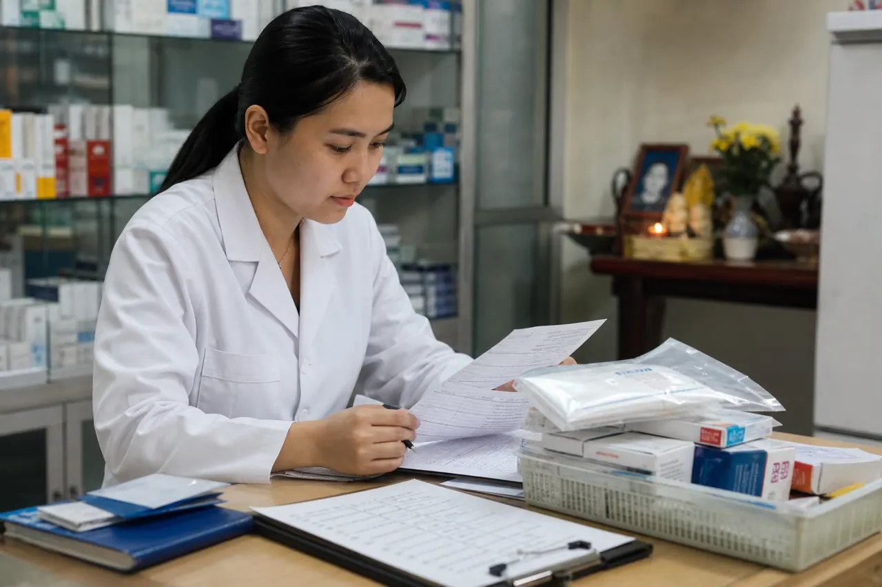 Người phụ nữ mặc áo blouse cầm giấy và ghi chép tại bàn, phía sau có khung ảnh và hoa trên bàn thờ