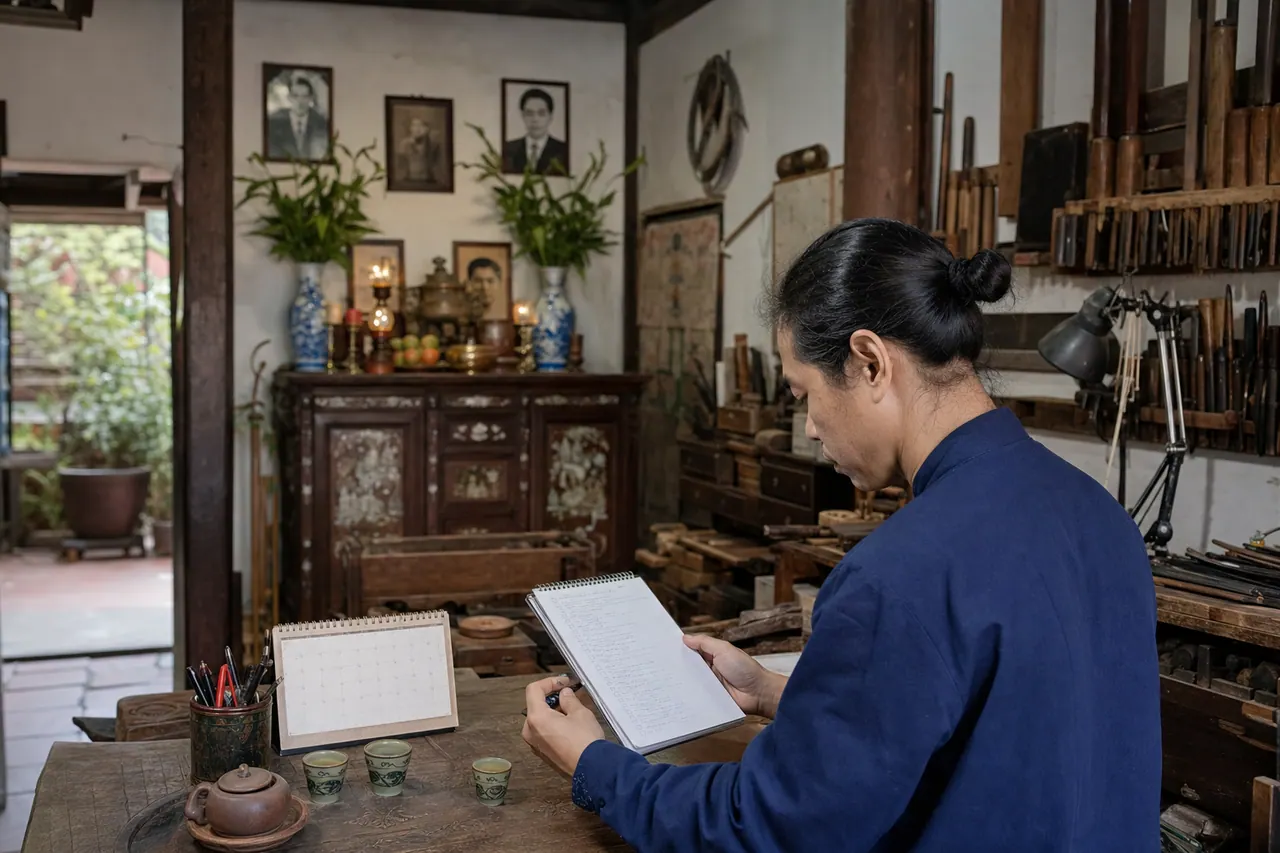 Một người đang xem checklist 24 giờ 7 ngày 30 ngày trong không gian nghề truyền thống có bàn trà, dụng cụ và bàn thờ tổ nghề ở phía sau
