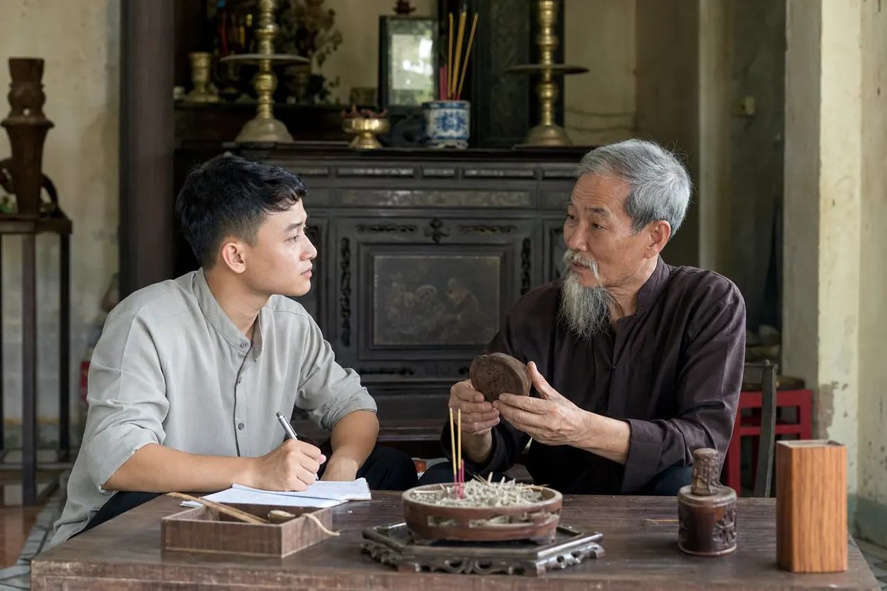 Một người trẻ đang ghi chép khi nghe người lớn tuổi giải thích về truyền nghề, đạo nghề và nếp giỗ tổ trong không gian thờ tự giản dị