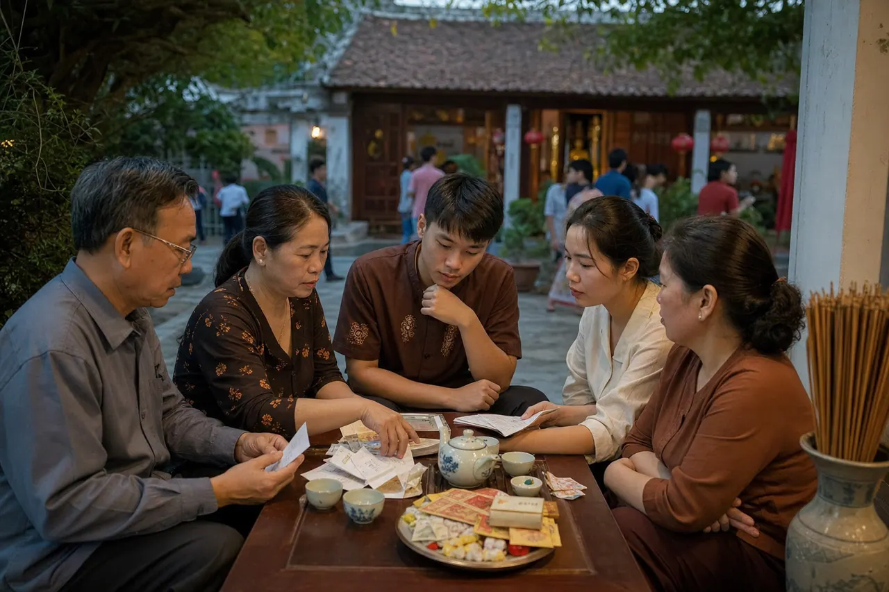 Năm người cùng xem giấy, sổ và đồ đã mang về trên bàn trong sân