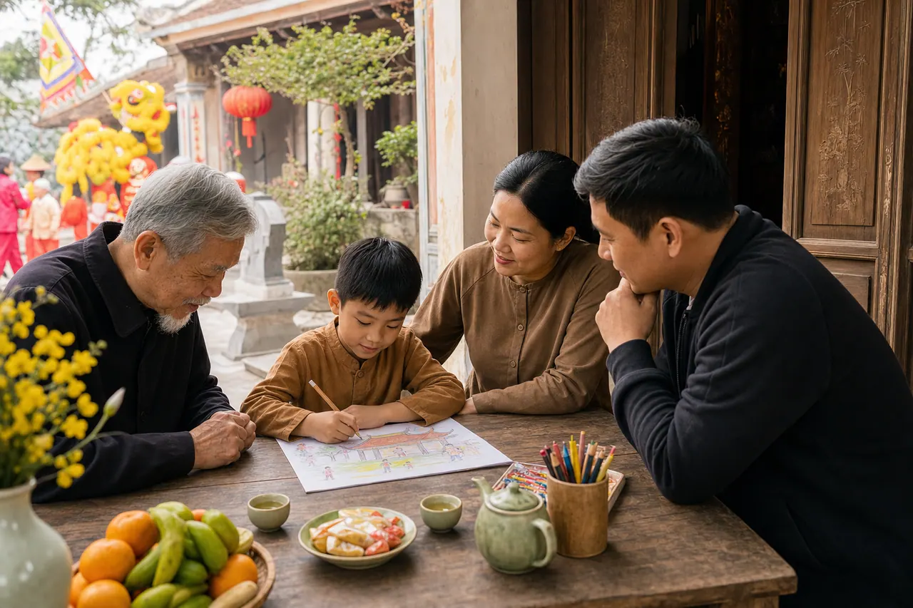 Ba người lớn ngồi quanh bé trai đang vẽ ở bàn gỗ, phía sân sau có đoàn múa lân