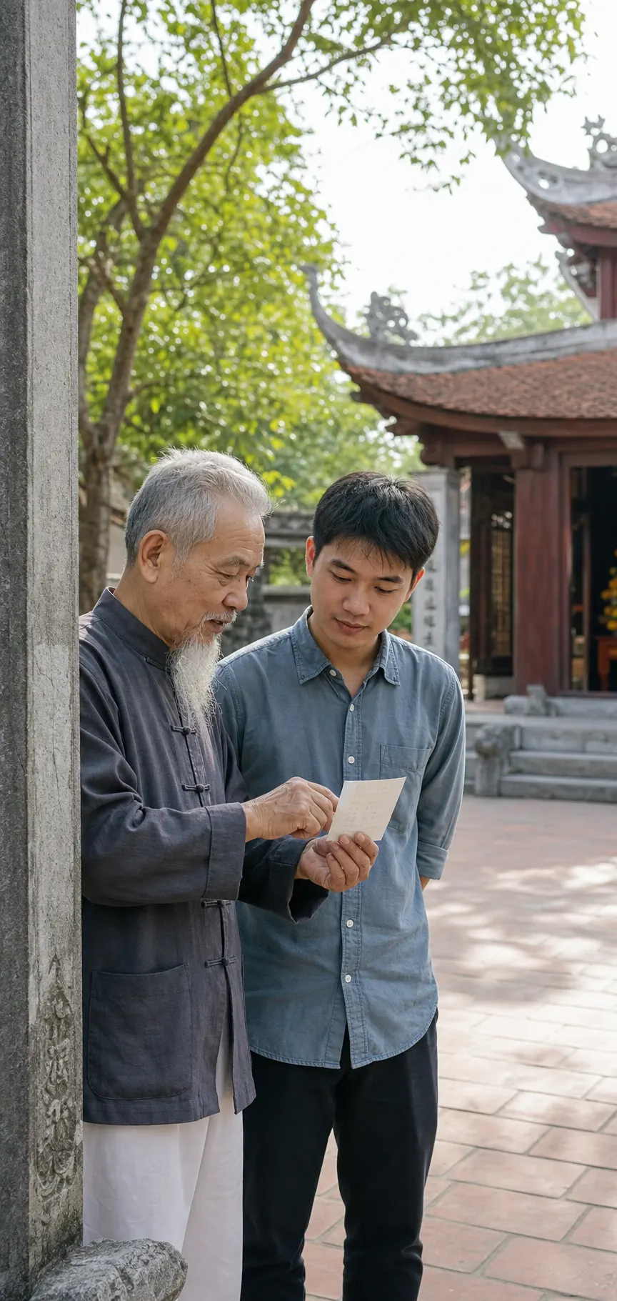 Người cao tuổi chỉ vào tờ giấy người trẻ đang cầm, cạnh cột đá và mái đình