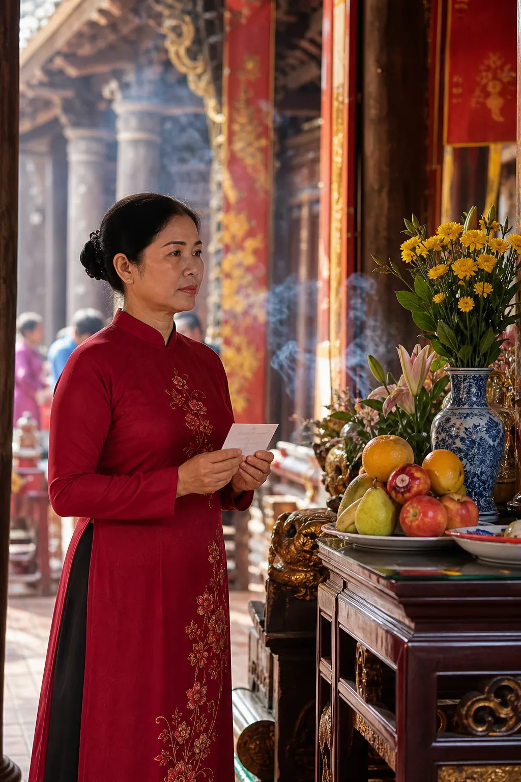 Người phụ nữ áo dài đỏ cầm tờ giấy nhỏ bên ban thờ có hoa vàng và trái cây