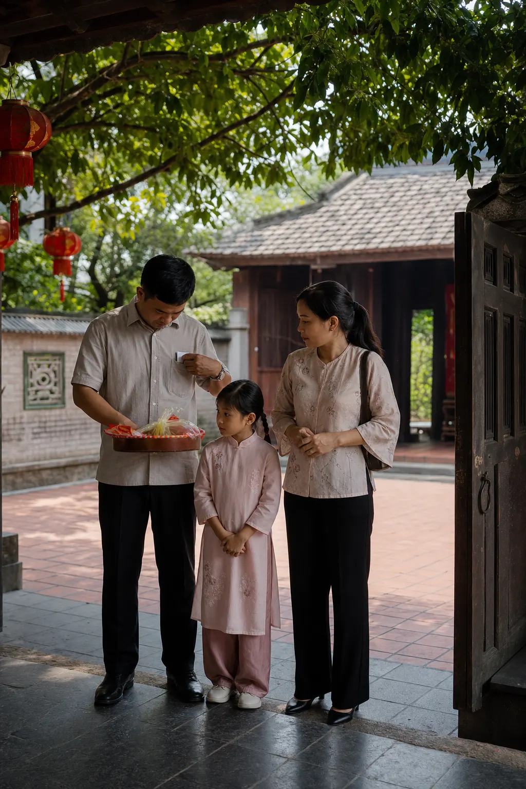 Hai người lớn cùng bé gái đứng ở cửa đình, người đàn ông cầm khay và xem lại đồ mang theo