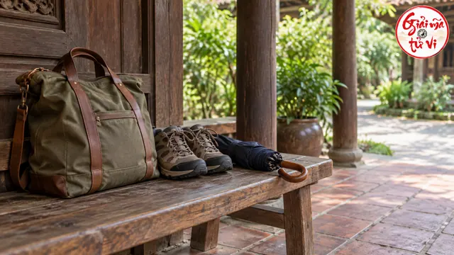 Túi vải, giày đi bộ và ô xếp trên ghế gỗ dưới hiên; logo góc trên phải