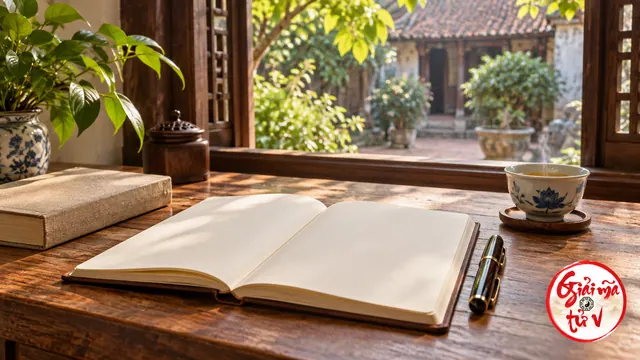 Sổ mở trang trống cạnh bút, sách đóng và chén trà nhìn ra sân cây; logo góc dưới phải