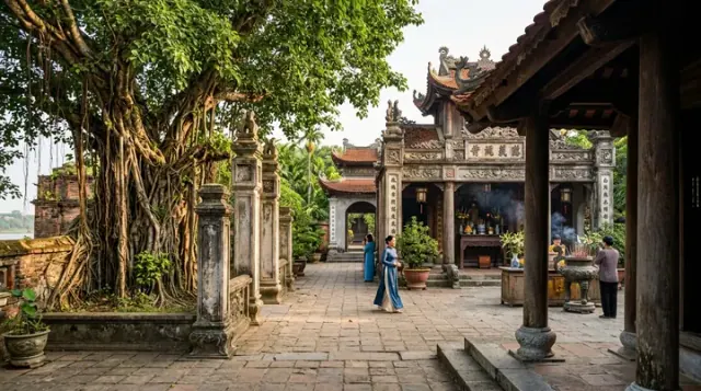 Ba người đi bộ dưới cây lớn qua lối sân mái ngói