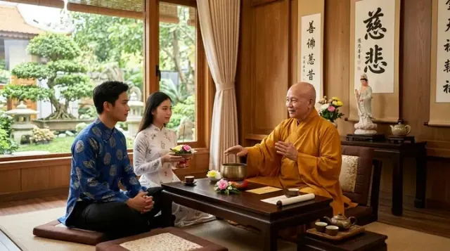 Hai người ngồi đối diện một nhà sư bên bàn gỗ, người phụ nữ cầm hoa sen