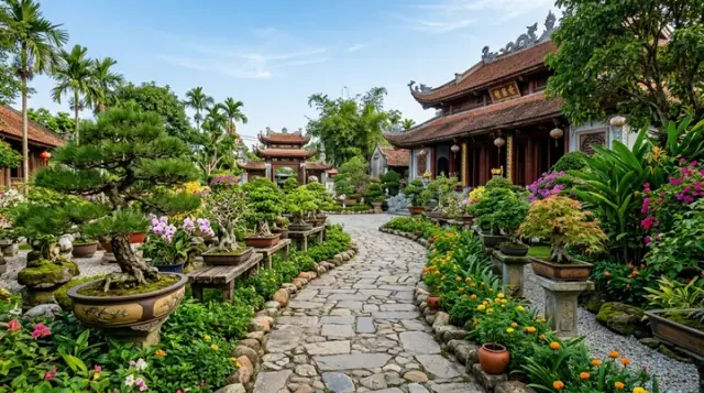 Lối đá qua vườn cây cảnh đến công trình mái ngói