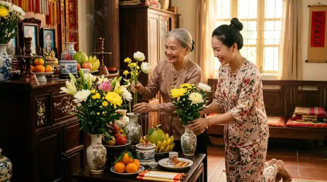 Hai người phụ nữ xếp hoa trước bàn thờ có ảnh người thân