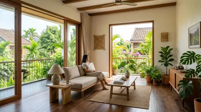 Người phụ nữ ngồi nghỉ trên ghế trong phòng mở ra vườn cây