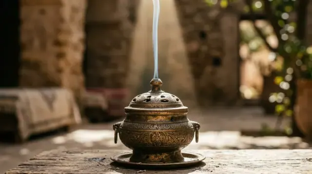 Lư hương kim loại tỏa khói trên bàn gỗ