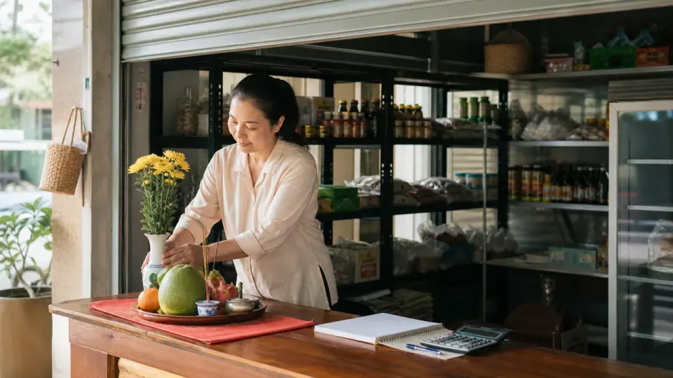 Người phụ nữ xếp bình hoa bên khay quả và hương trên quầy, cạnh sổ trắng và máy tính