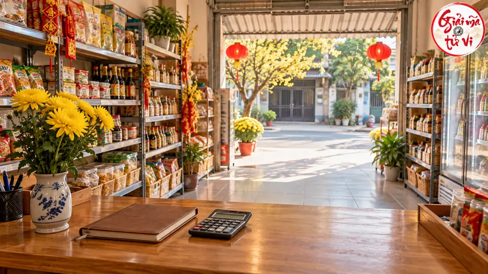 Quầy gỗ với sổ đóng, máy tính và bình cúc vàng trong cửa hàng nhìn ra lối vào thoáng