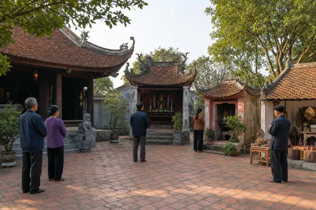 Năm người đứng trong sân lát gạch trước các gian mái ngói và bàn thờ