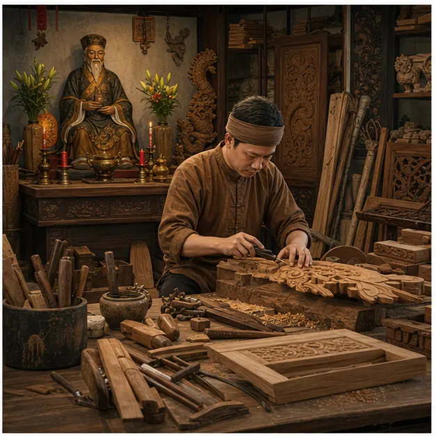 Người thợ chạm một tấm gỗ hoa văn trong xưởng, phía sau là hương án có tượng