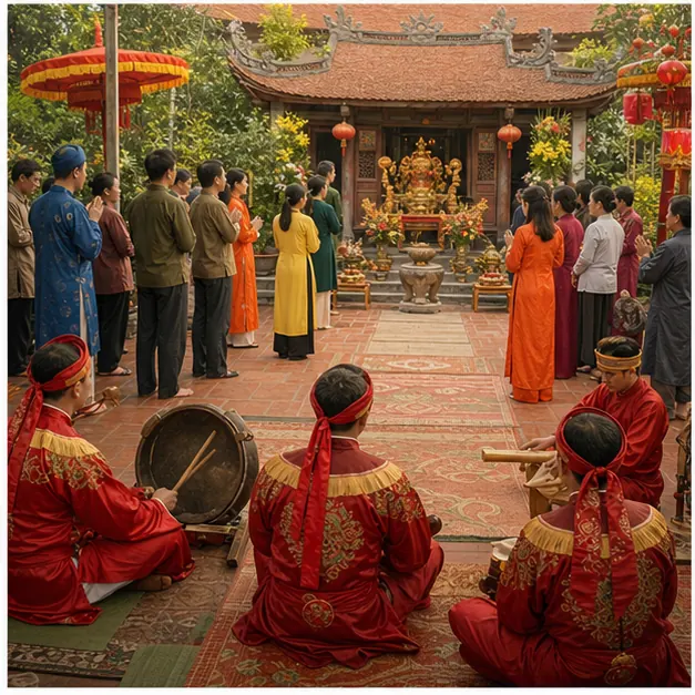Mọi người đứng trong sân đình trước hương án, phía trước có nhóm người cầm nhạc cụ