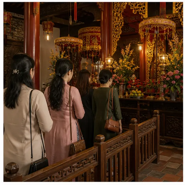 Không gian xếp hàng đi lễ trật tự trong sân đền phủ Việt Nam