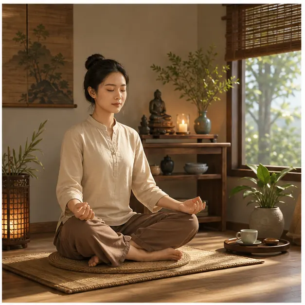 Người phụ nữ nhắm mắt ngồi xếp bằng trên đệm, hai tay đặt lên gối, trong phòng có cây, tượng và nến