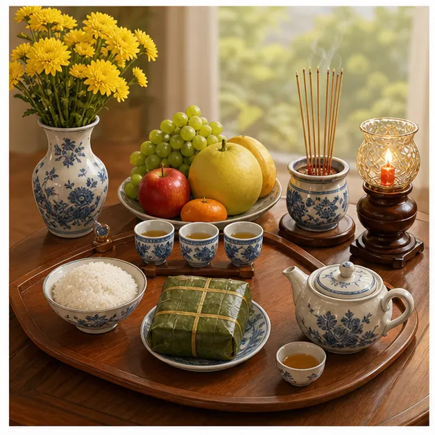 Mâm gỗ có hoa cúc, quả, cơm, bánh gói lá, trà, hương và đèn