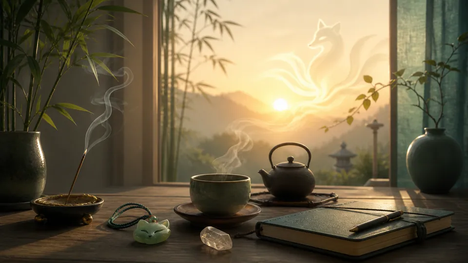 Minh họa không gian trà thiền với biểu tượng hồ ly dùng để suy ngẫm