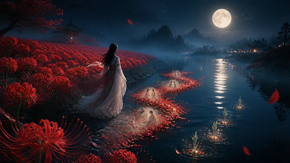 Minh họa giấc mơ hoa Bỉ Ngạn đỏ bên dòng sông trăng