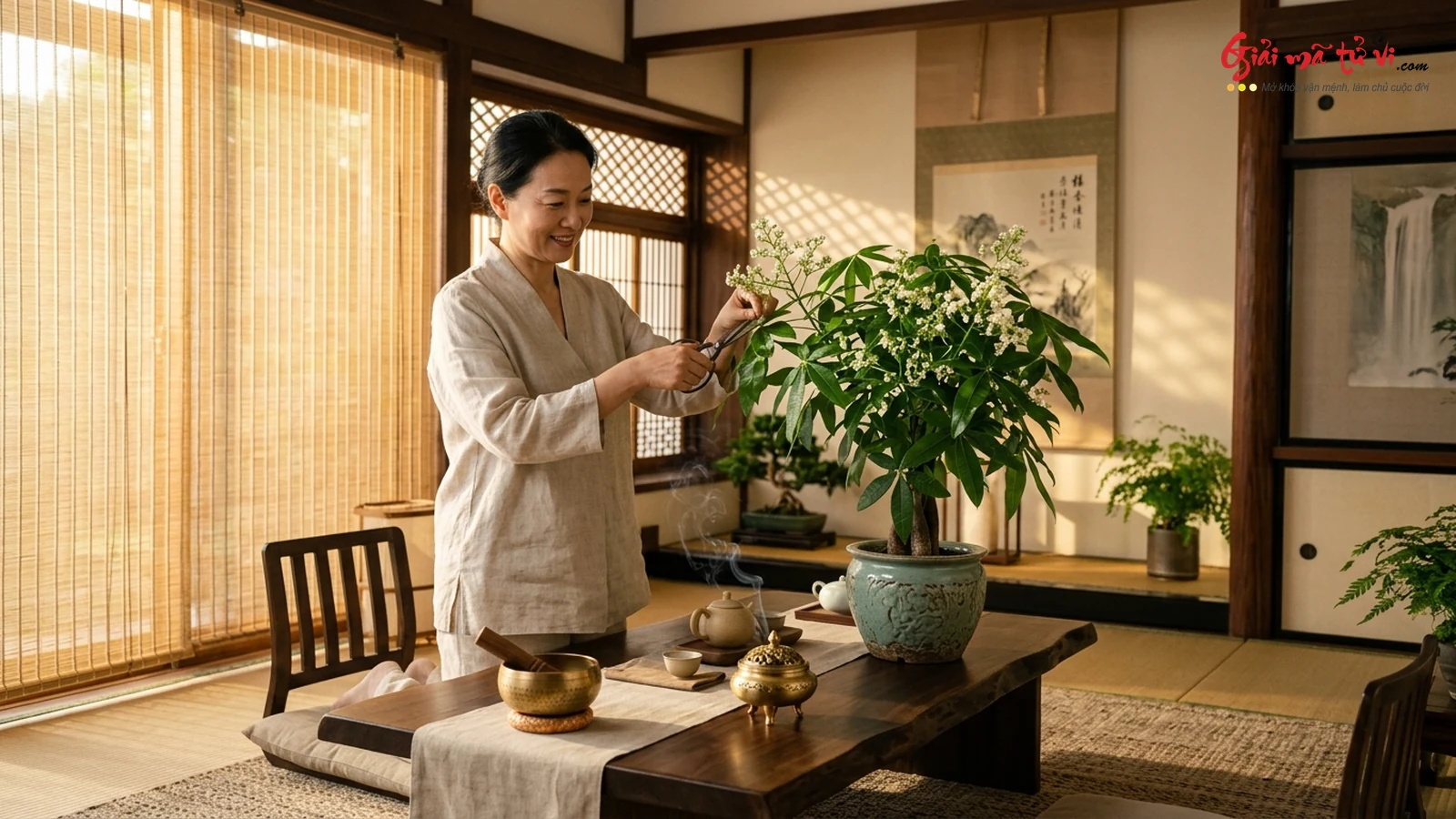 Không gian trà đạo phong thủy thanh tịnh, chậu cây kim tiền phát tài xanh mướt đặt trên bàn gỗ trầm hương mang lại vượng khí tài lộc an khang
