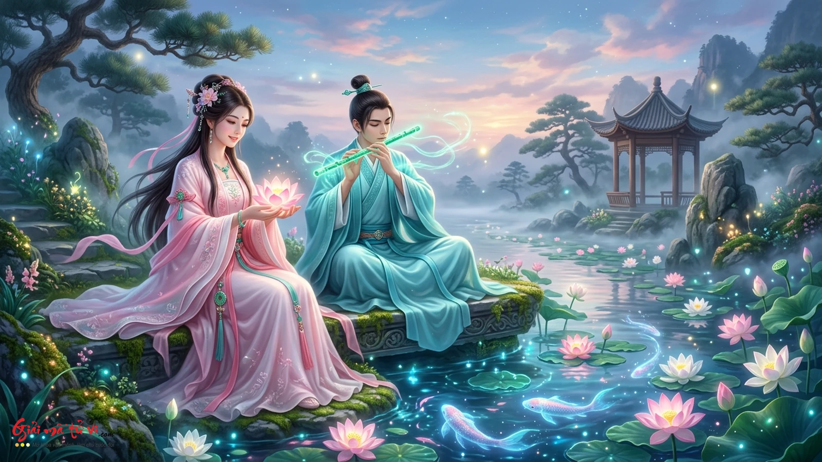 Hà Tiên Cô cầm đóa sen ngọc phát sáng thanh tịnh bên cạnh Hàn Tương Tử thổi sáo ngọc tiêu giữa đầm sen bồng bềnh sương khói