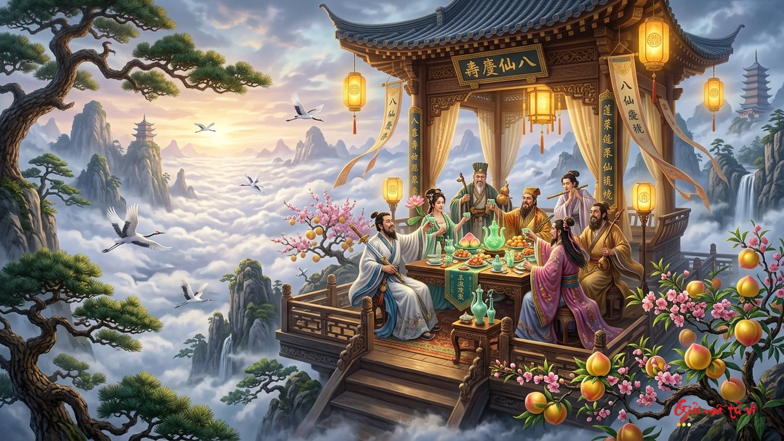 Bát Tiên tụ hội tại lầu ngọc trên đỉnh núi tiên Bồng Lai dự tiệc Bát Tiên Khánh Thọ bên đầm mây ngũ sắc