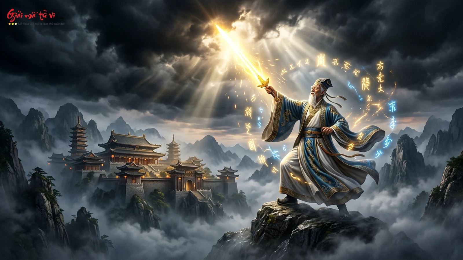 Lữ Động Tân đứng trên đỉnh núi thiêng vung bảo kiếm Thuần Dương phát ra hào quang vàng kim xua tan mây đen bão tố