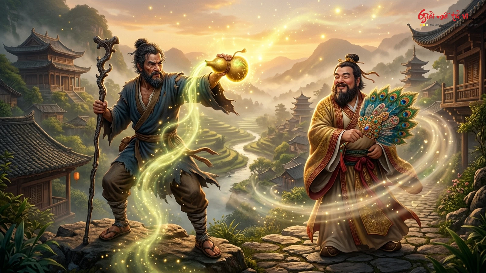 Lý Thiết Quải rót linh đan thần dược từ hồ lô vàng và Hán Chung Ly cầm quạt ba tiêu ban phước lành cho trần gian