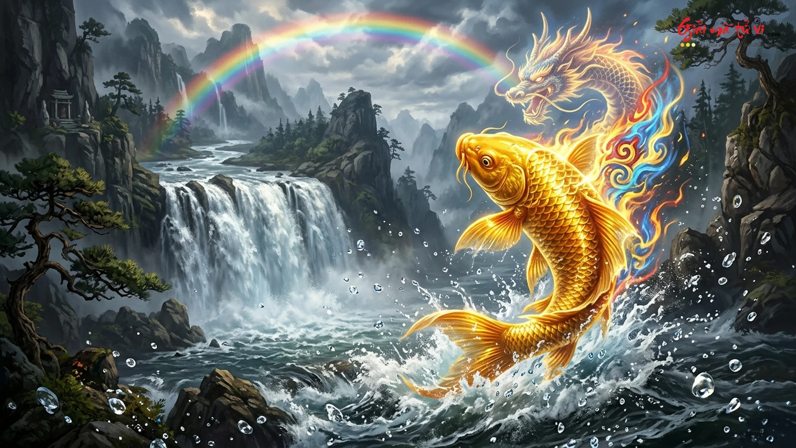 Mơ thấy đàn cá chép vàng kim dũng mãnh nhảy ngược dòng thác nước hùng vĩ dưới cầu vồng hóa rồng