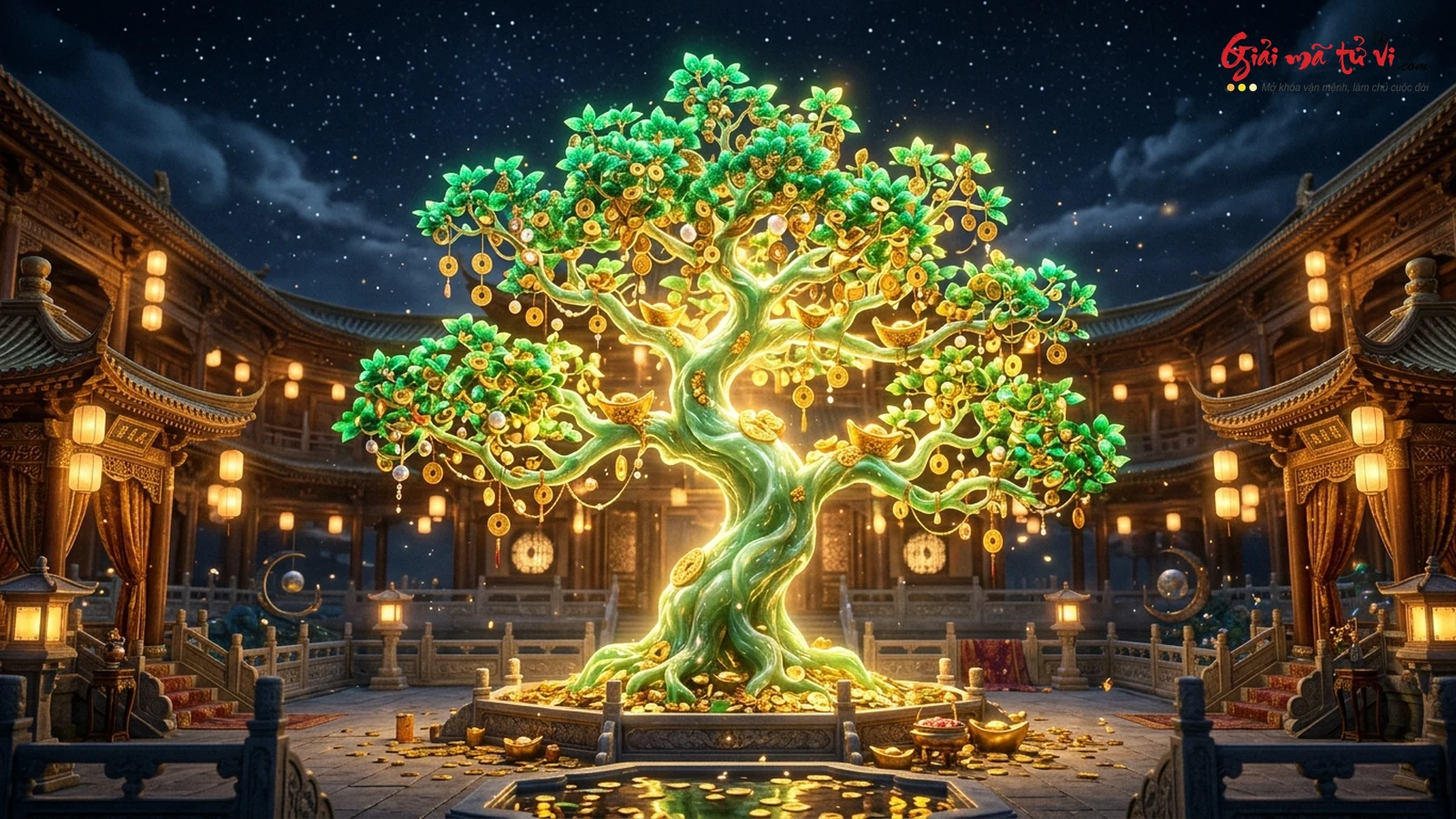 Mơ thấy Cây Rung Tiền Diêu Tiền Thụ hoàng kim phát sáng rực rỡ trong cung điện cổ kính mang lại điềm báo đại phú đại quý và khai thông tài vận