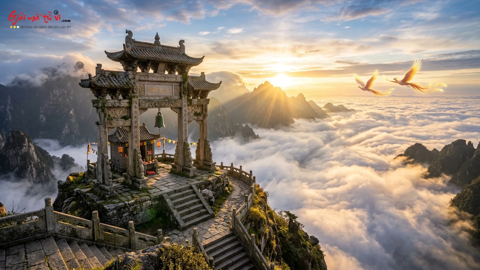 Mơ thấy Cổng Trời bằng đá cổ kính trên đỉnh núi thiêng mờ sương mây vào buổi bình minh rực nắng vàng
