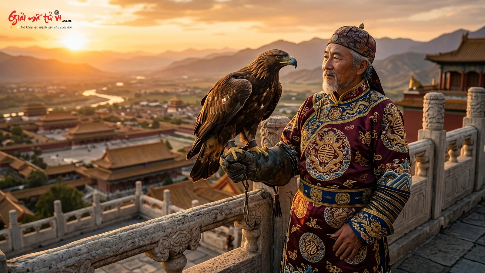 Mơ thấy đại bàng hoàng kim đậu trên cánh tay bậc vương giả trên lễ đài hoàng cung lúc hoàng hôn rực rỡ