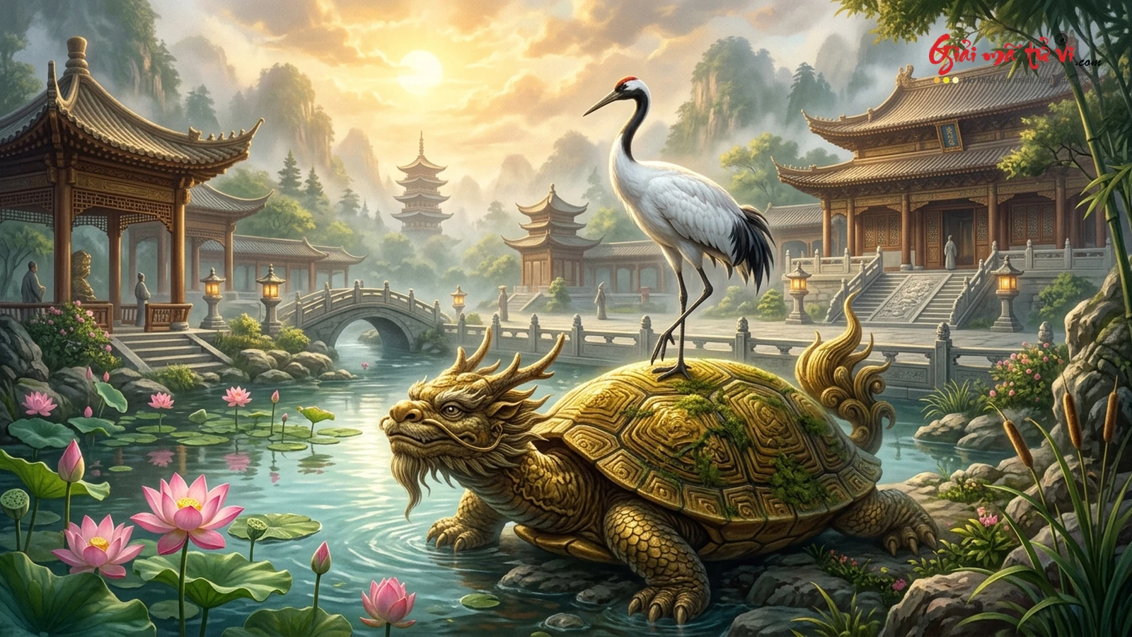 Hạc Tiên Bạch Hạc ngự trên mai rùa vàng thần quy bên hồ sen thanh tịnh đền chùa cổ kính
