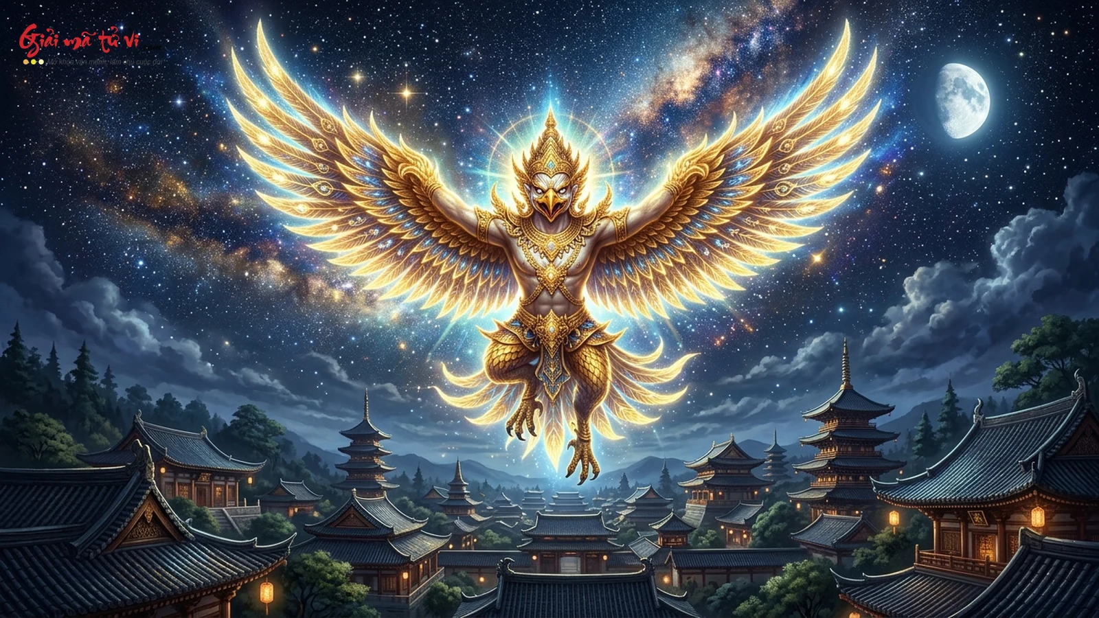 Mơ thấy Kim Sí Điểu Garuda tỏa ánh hào quang hoàng kim lộng lẫy trên bầu trời đêm đầy sao và đền chùa cổ kính