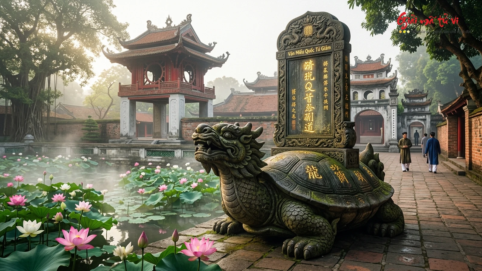 Mơ thấy Long Quy cõng bia đá tiến sĩ khắc chữ vàng bên hồ sen ngọc thiêng tại Văn Miếu Quốc Tử Giám