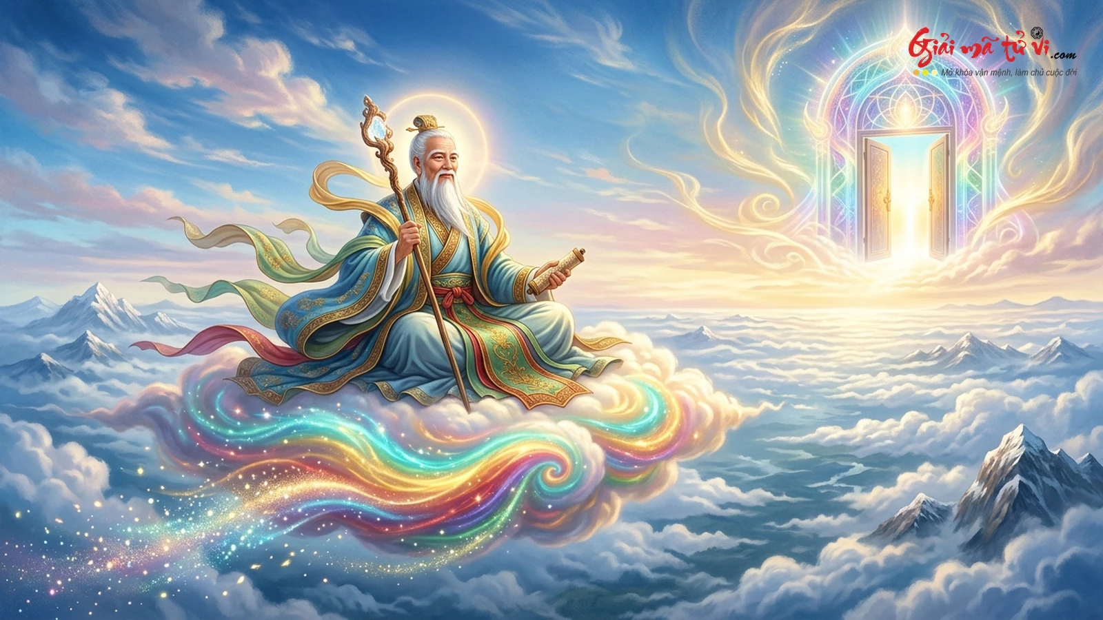 Người thiền giả cưỡi mây ngũ sắc lướt gió thênh thang trên biển mây bao la hướng về phía cổng trời ánh sáng