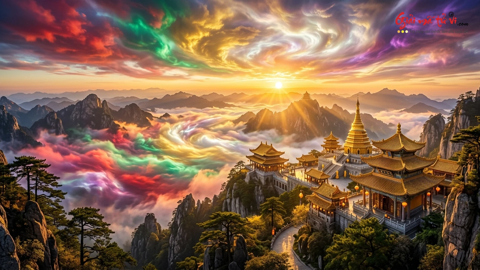 Mơ thấy mây ngũ sắc tường vân ngũ sắc rực rỡ cuộn trào trên đỉnh núi thiêng và đền cổ lúc bình minh